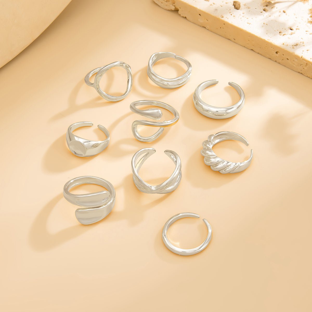 9 Pcs Gold Silver Tone Hollow Waterdrop Cross Twisted Ring Set - ArtGalleryZen