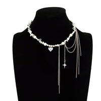 Thumbnail for Chic Rhinestone Heart Pendant Pearl Irregular Beaded Chain Tassel Choker Necklace