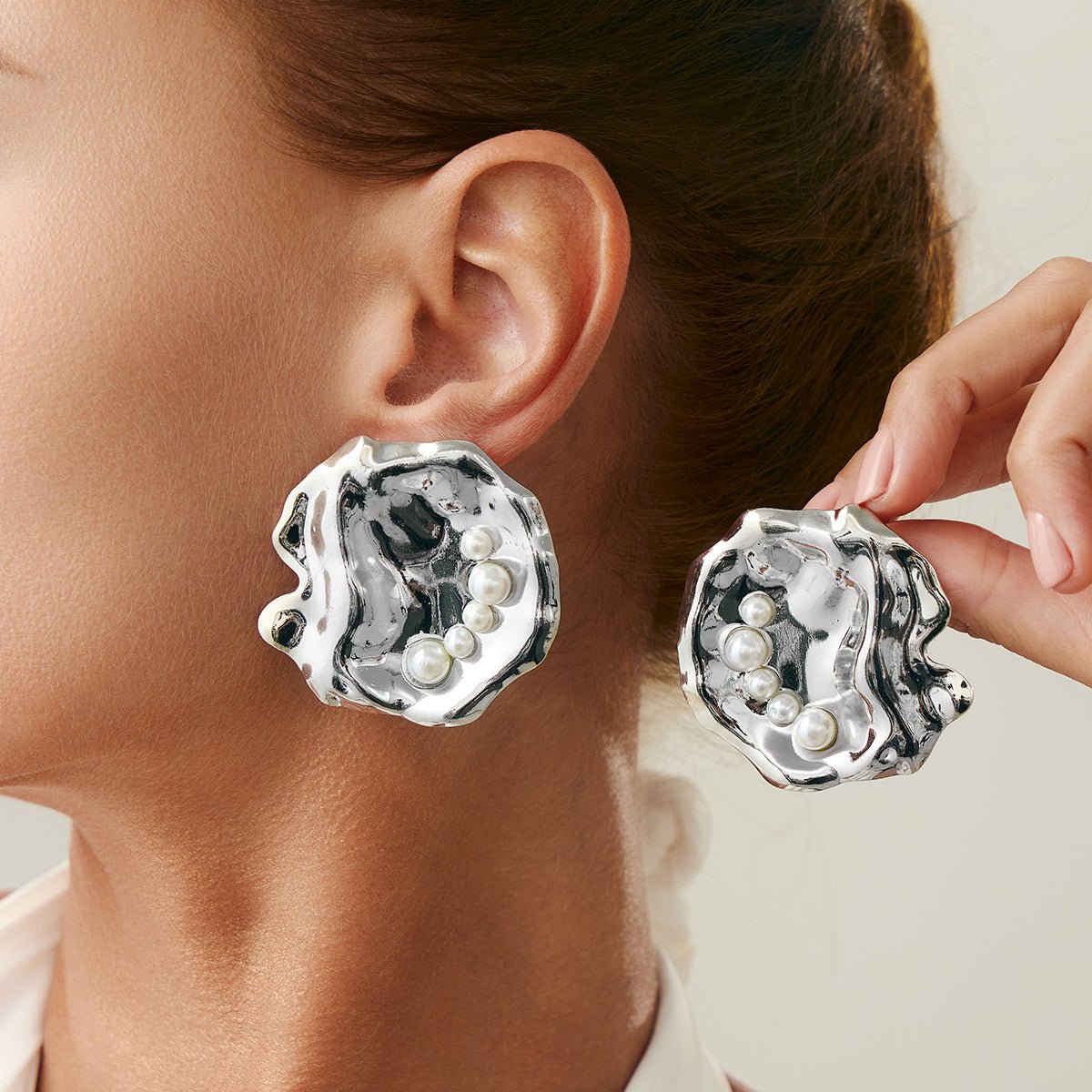 Abstract Chunky Pearl Inlaid Shell Earrings - ArtGalleryZen