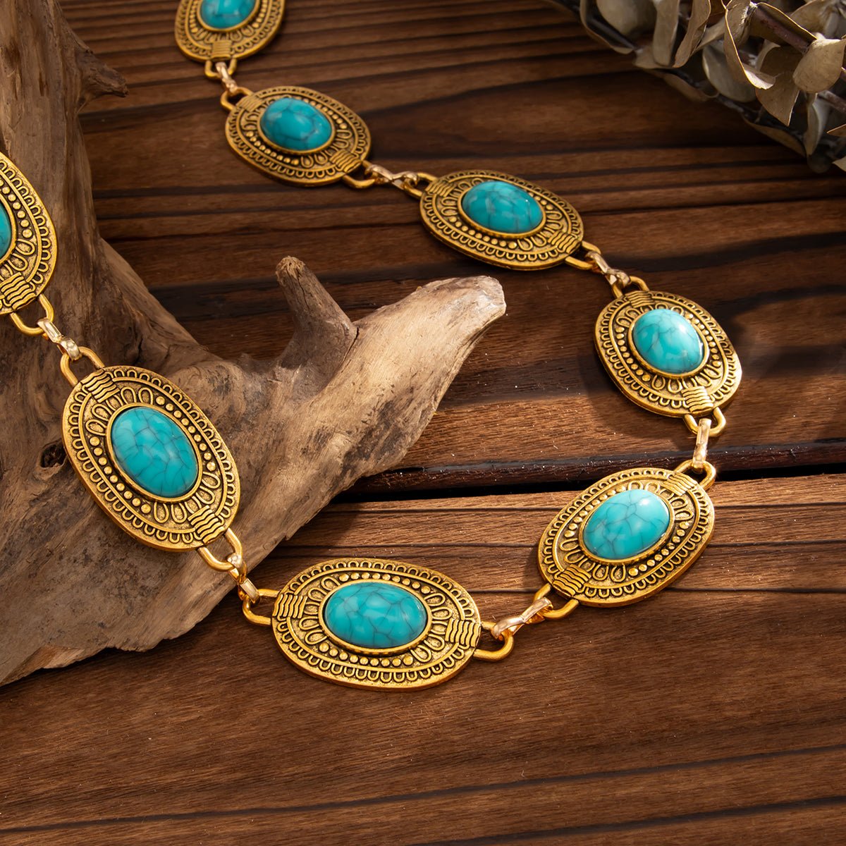 Antique Gold Plated Turquoise Inlaid Carved Oval Disk Waist Chain - ArtGalleryZen