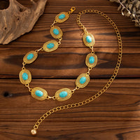 Thumbnail for Antique Gold Plated Turquoise Inlaid Carved Oval Disk Waist Chain - ArtGalleryZen