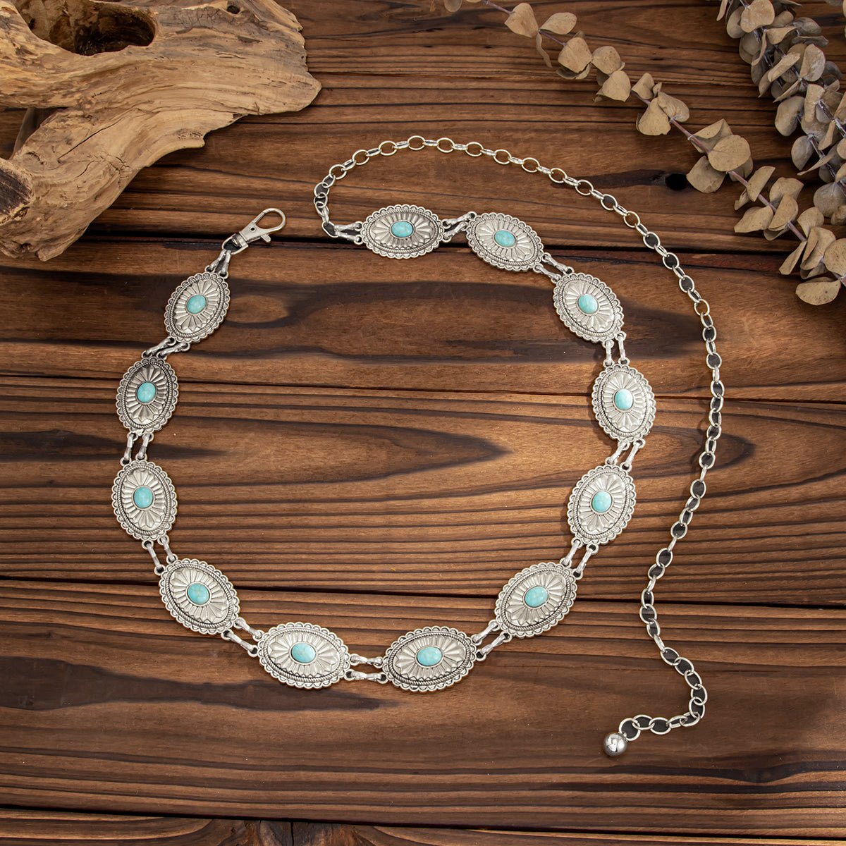 Antique Gold Silver Plated Turquoise Inlaid Floral Oval Disk Waist Chain - ArtGalleryZen