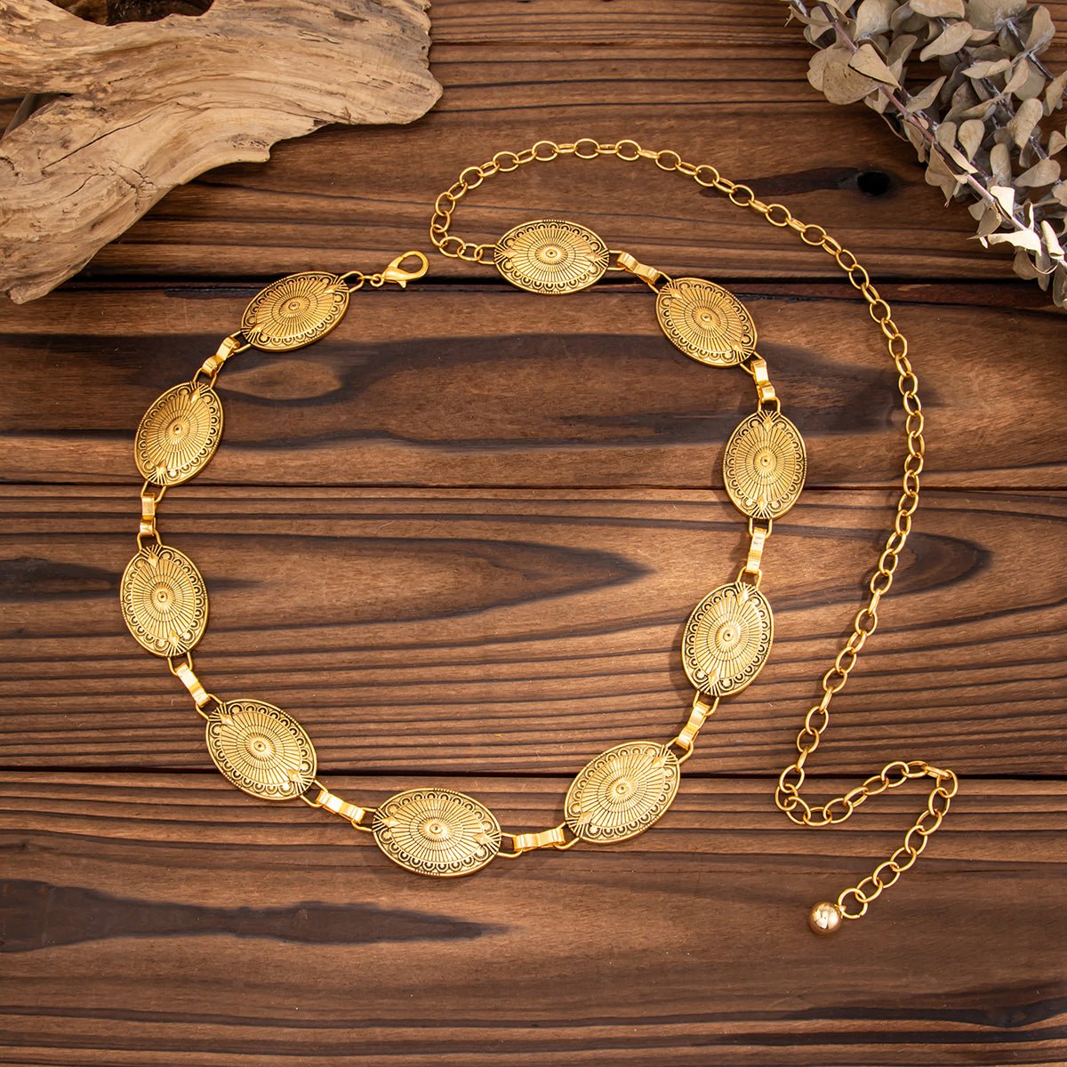 Antique Gold Silver Tone Carved Oval Disk Waist Chain - ArtGalleryZen