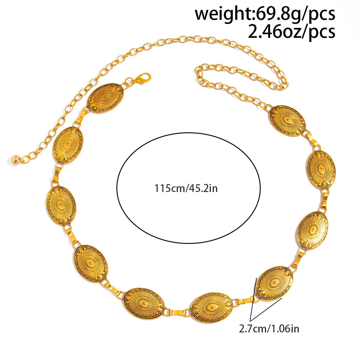 Antique Gold Silver Tone Carved Oval Disk Waist Chain - ArtGalleryZen