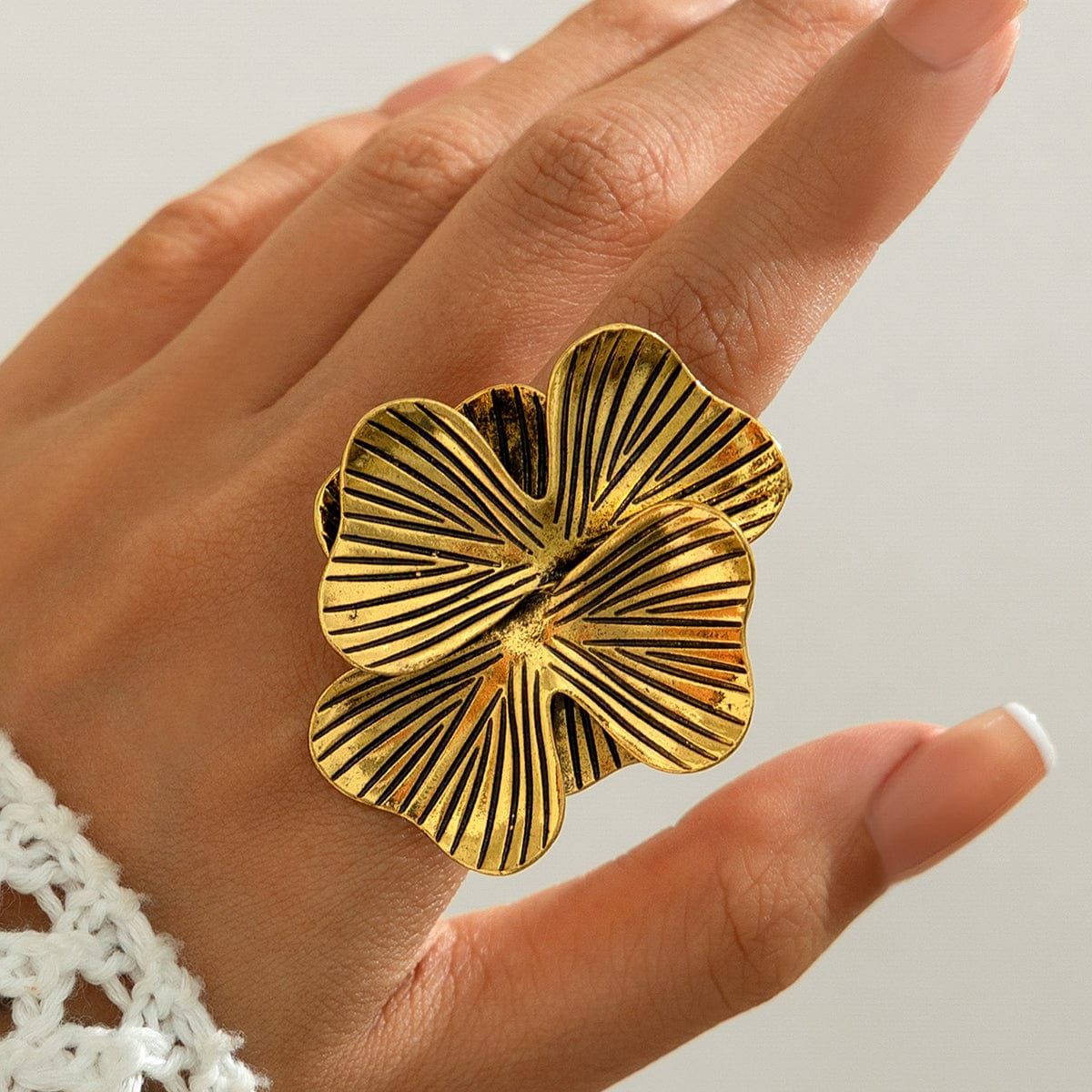 Antique Gold Silver Tone Chunky Textured Flower Ring - ArtGalleryZen