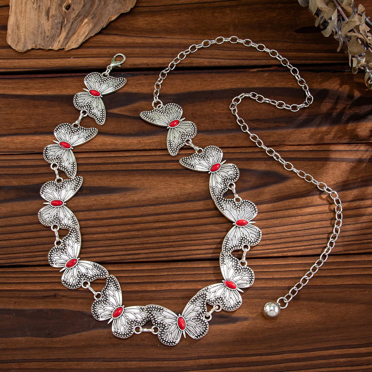 Antique Silver Plated Red Turquoise Inlaid Butterfly Waist Chain - ArtGalleryZen
