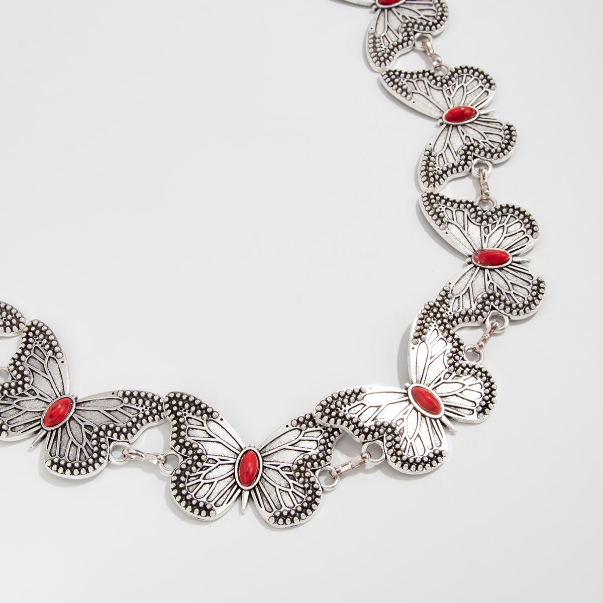Antique Silver Plated Red Turquoise Inlaid Butterfly Waist Chain - ArtGalleryZen