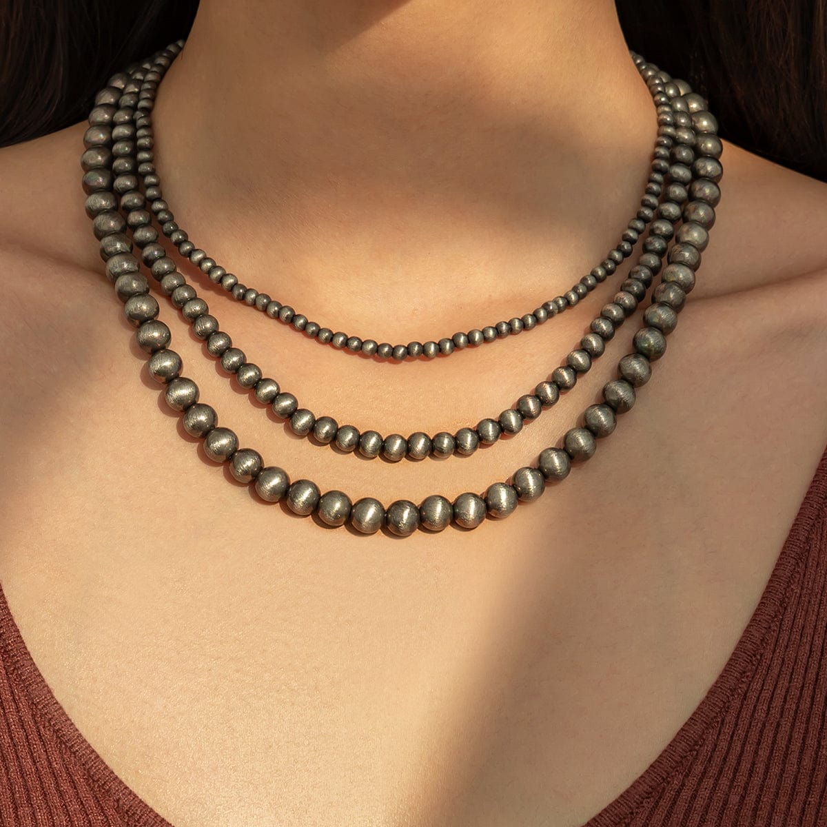 Antique Silver Tone 3pcs Beaded Chain Stackable Necklace Set - ArtGalleryZen
