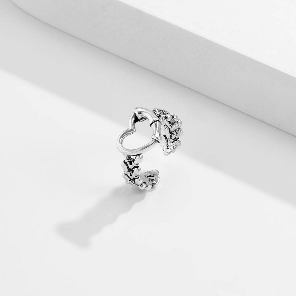 Antique Silver Tone Bamboo Shaped Heart Ring - ArtGalleryZen