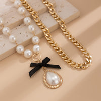 Thumbnail for Baroque 2pcs Bowknot Pearl Pendant Curb Chain Necklace Set - ArtGalleryZen