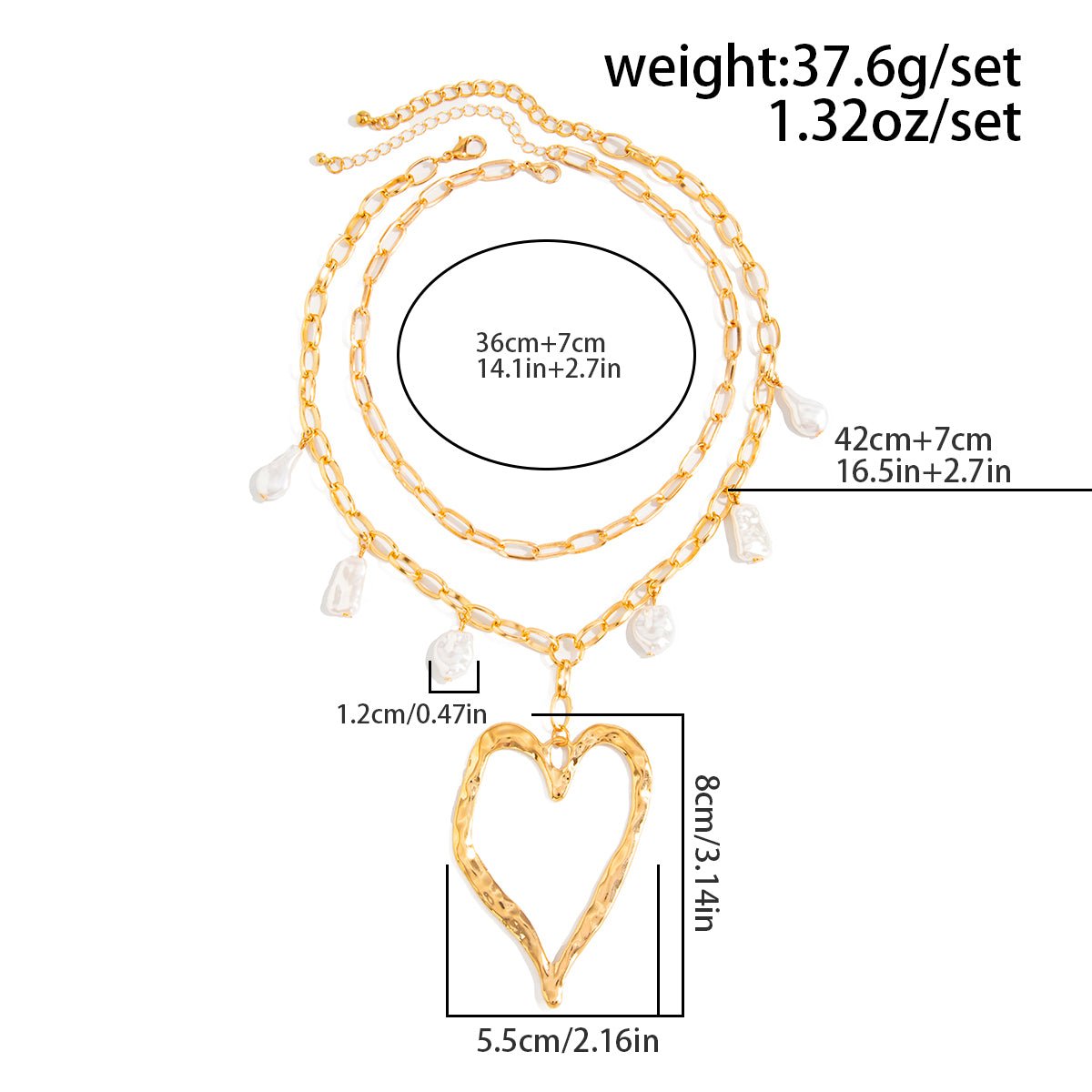 Baroque 2pcs Irregular Pearl Chunky Heart Pendant Cable Chain Necklace Set - ArtGalleryZen