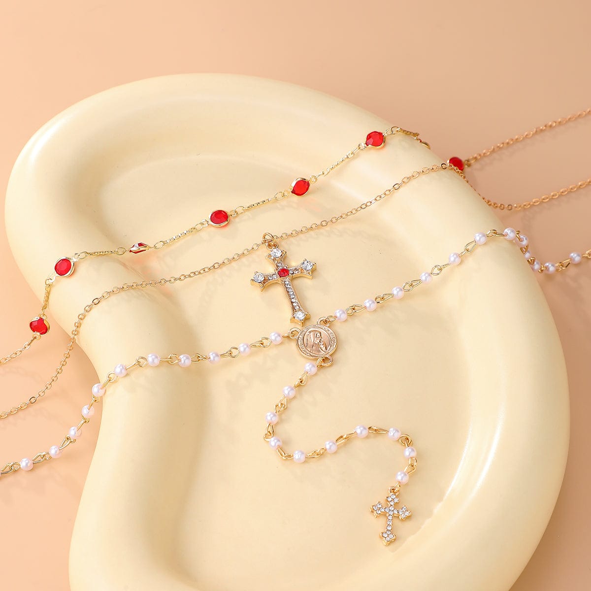 Baroque 3pcs Cross Pendant Pearl Crystal Chain Y Necklace Set - ArtGalleryZen