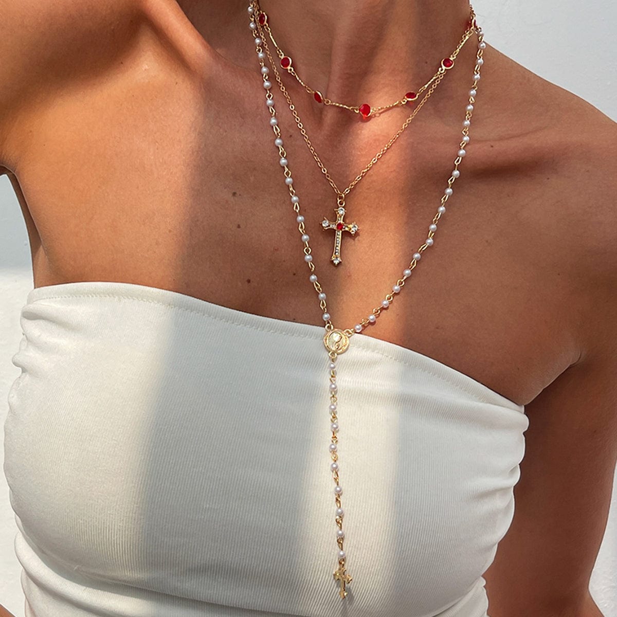 Baroque 3pcs Cross Pendant Pearl Crystal Chain Y Necklace Set - ArtGalleryZen