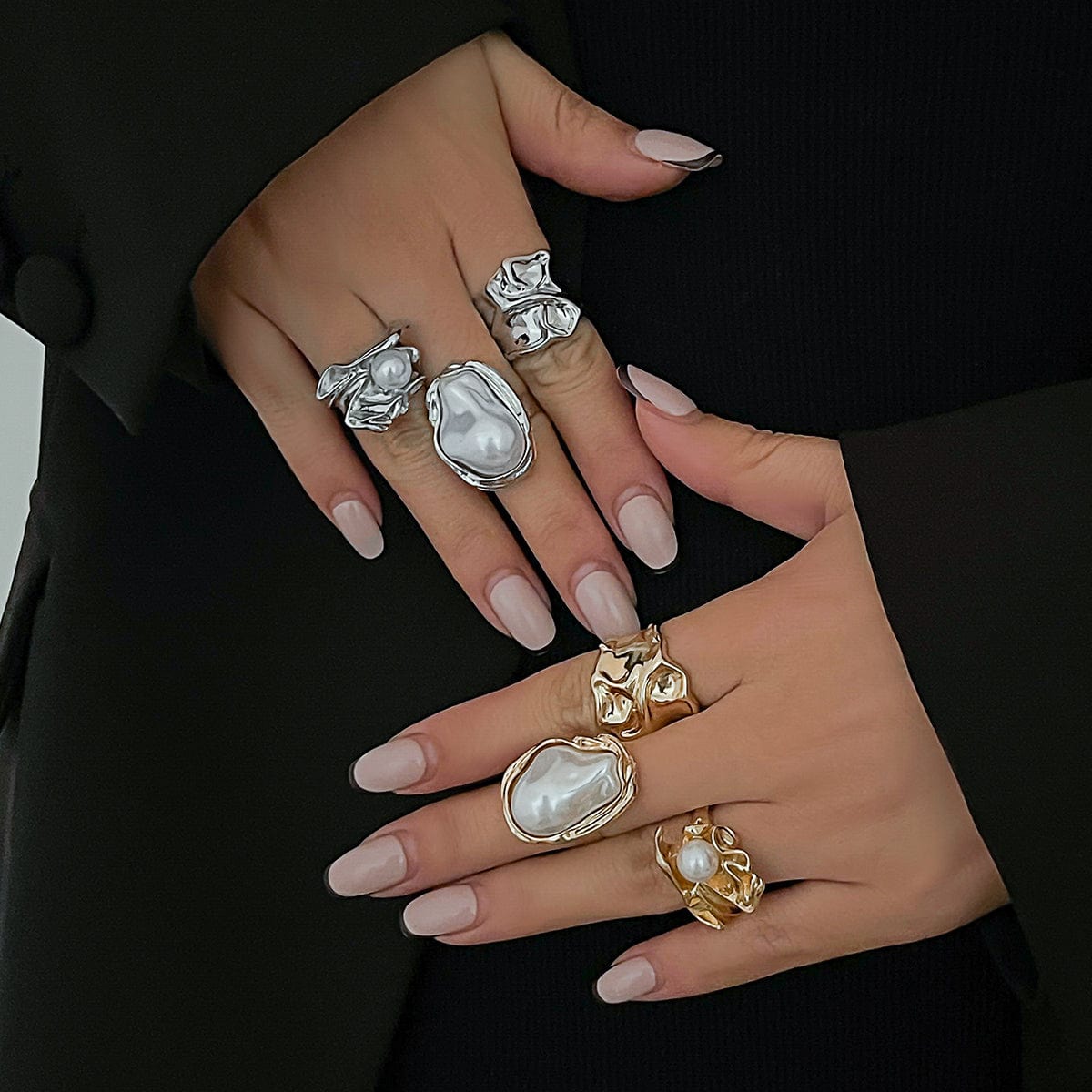 Baroque 3pcs Irregular Pearl Inlaid Pleated Ring Set - ArtGalleryZen