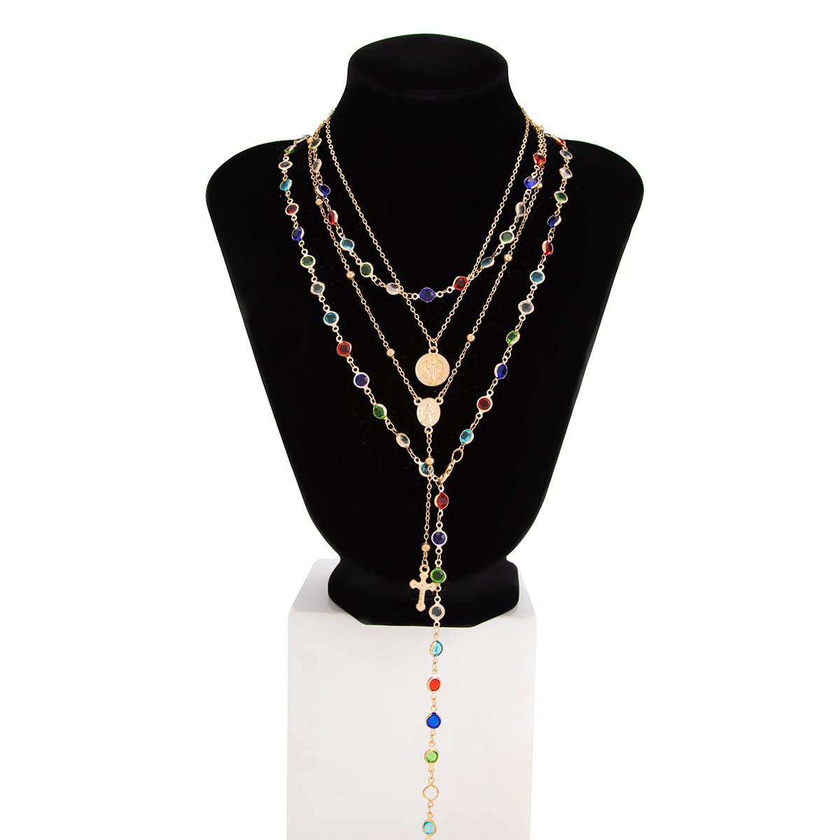 Baroque 4pcs Cross Round Disk Pendant Crystal Chain Y Necklace Set - ArtGalleryZen