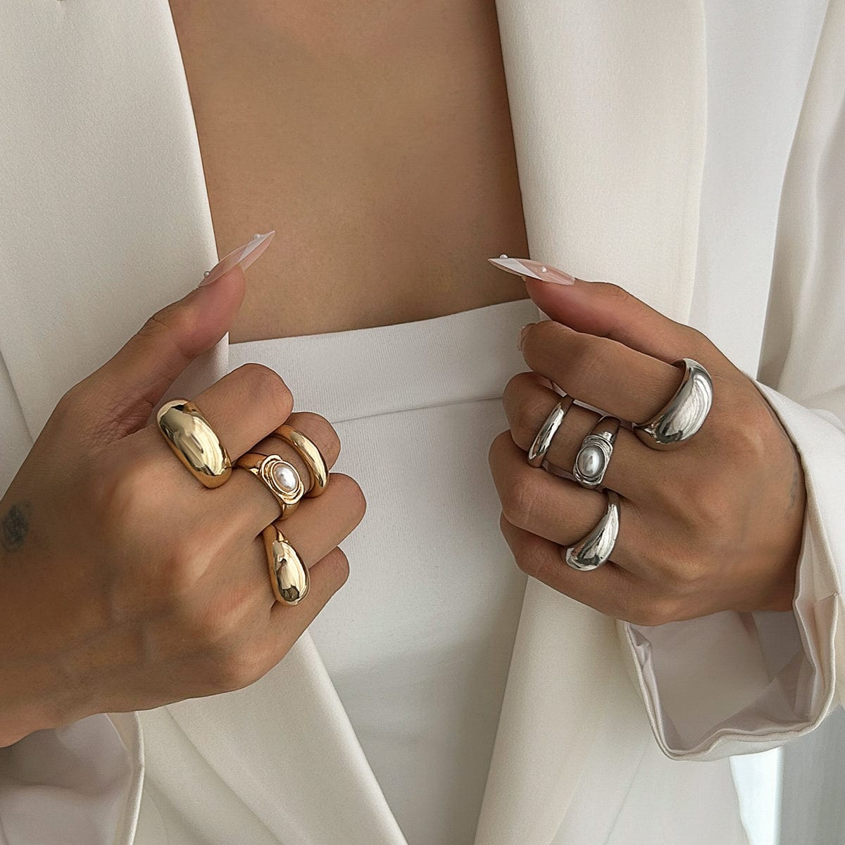 Baroque 4pcs Gold Silver Tone Pearl Inlaid Ring Set - ArtGalleryZen