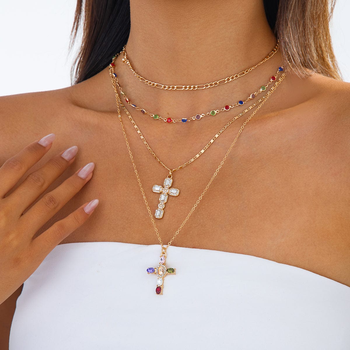 Baroque 4pcs Rhinestone Inlaid Cross Pendant Crystal Chain Necklace Set - ArtGalleryZen