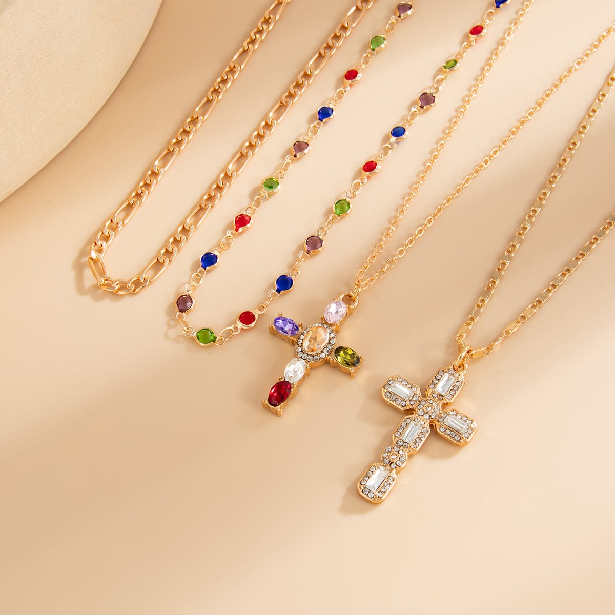 Baroque 4pcs Rhinestone Inlaid Cross Pendant Crystal Chain Necklace Set - ArtGalleryZen