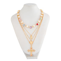 Thumbnail for Baroque 4pcs Rhinestone Inlaid Heart Cross Pendant Pearl Chain Necklace Set - ArtGalleryZen