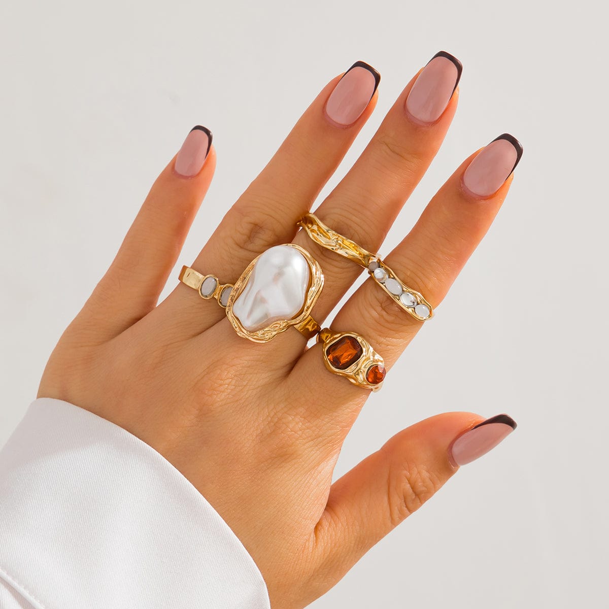 Baroque 5pcs Irregular Pearl Crystal Inlaid Pleated Ring Set - ArtGalleryZen