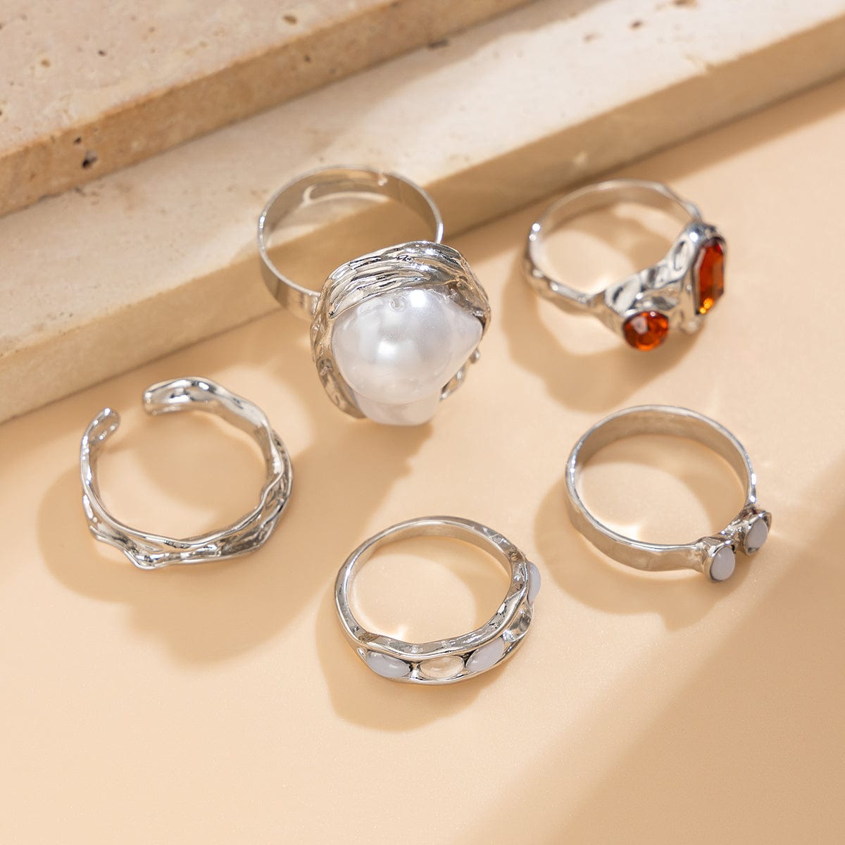 Baroque 5pcs Irregular Pearl Crystal Inlaid Pleated Ring Set - ArtGalleryZen