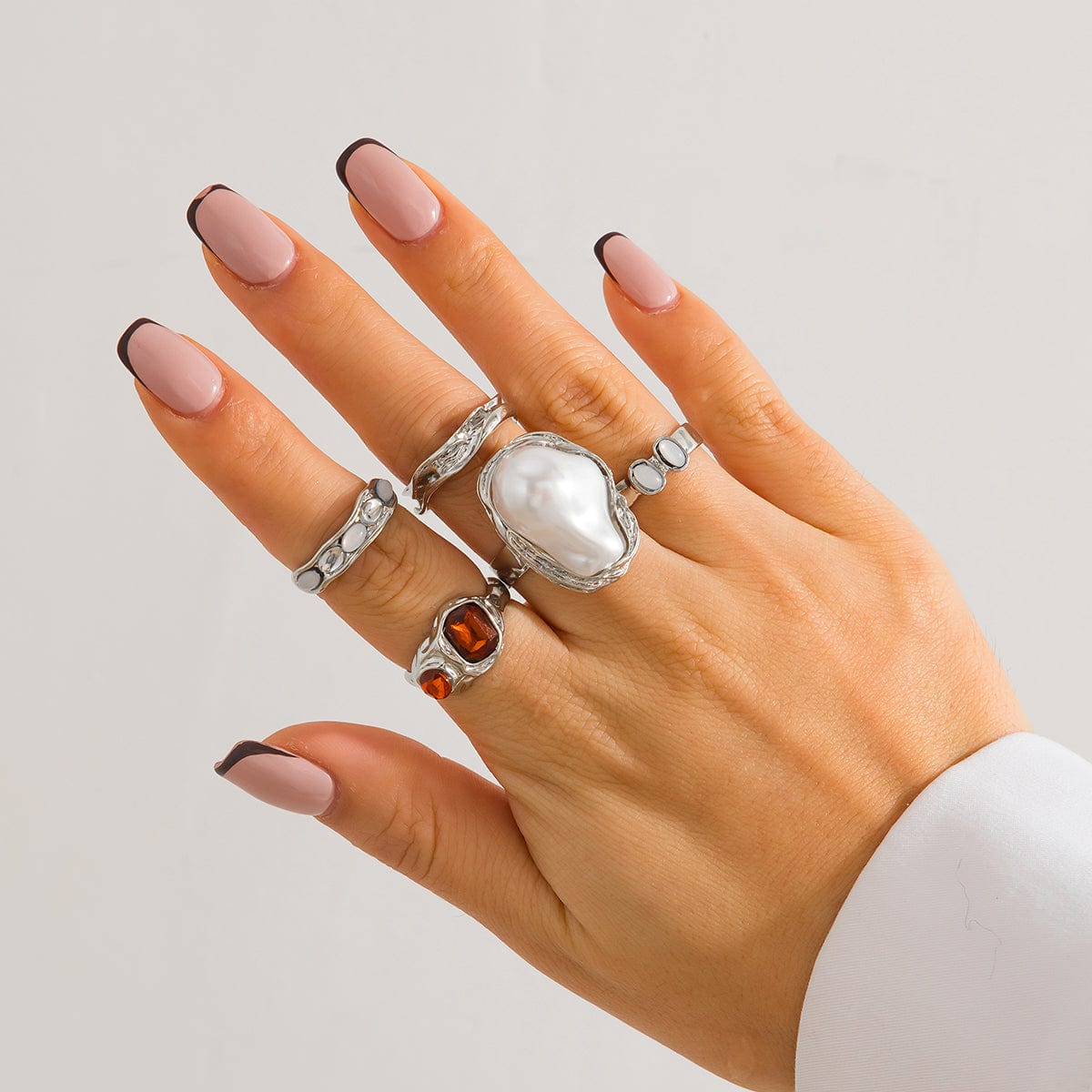 Baroque 5pcs Irregular Pearl Crystal Inlaid Pleated Ring Set - ArtGalleryZen