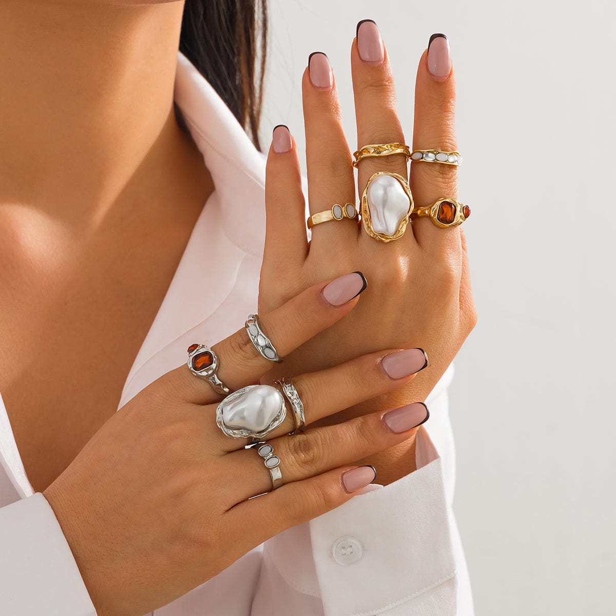Baroque 5pcs Irregular Pearl Crystal Inlaid Pleated Ring Set - ArtGalleryZen