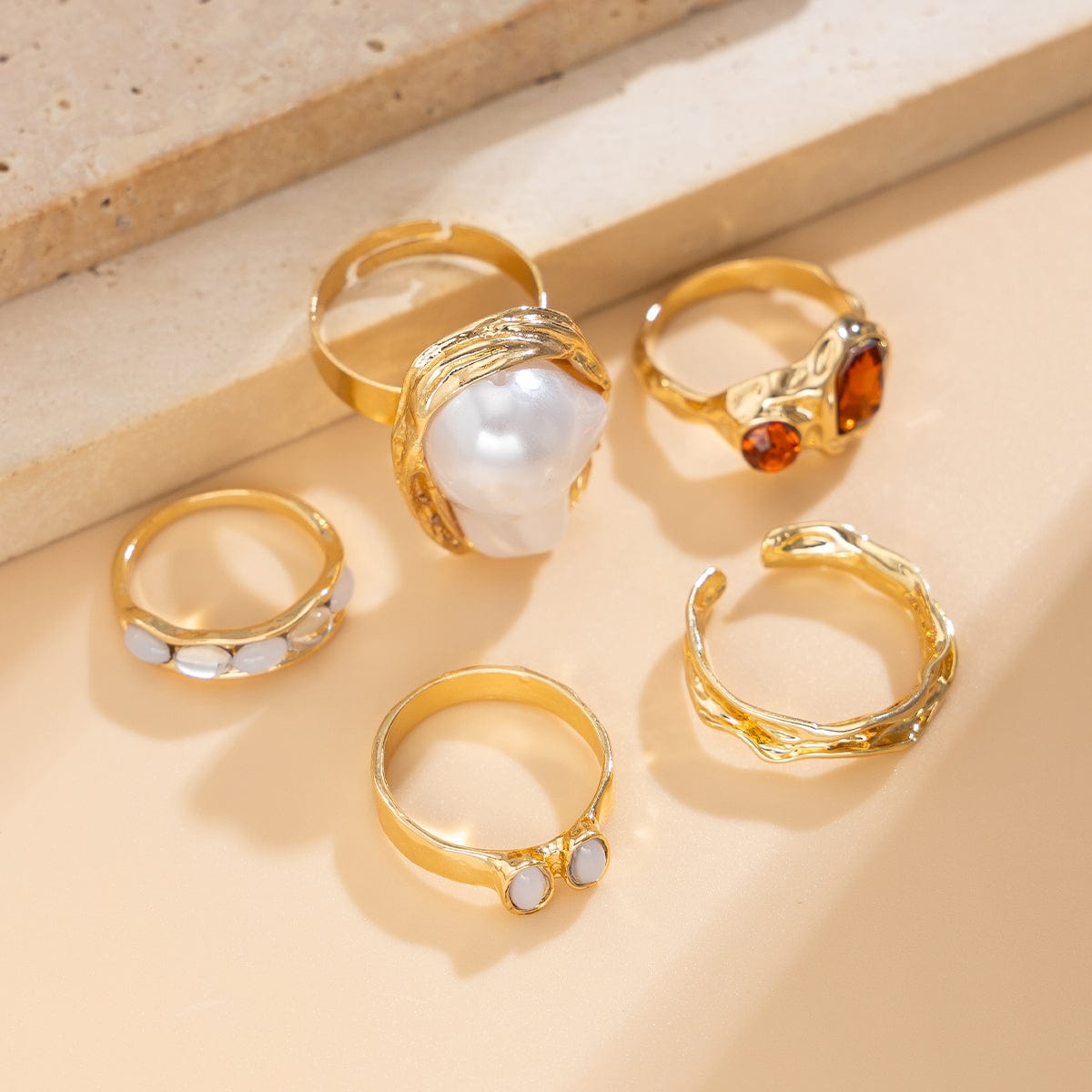 Baroque 5pcs Irregular Pearl Crystal Inlaid Pleated Ring Set - ArtGalleryZen