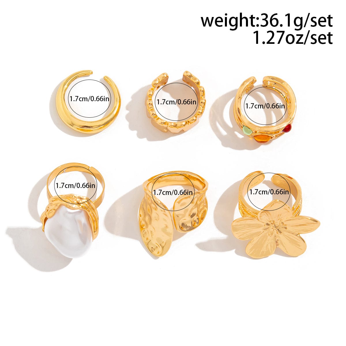 Baroque 6pcs Irregular Pearl Inlaid Textured Flower Ring Set - ArtGalleryZen