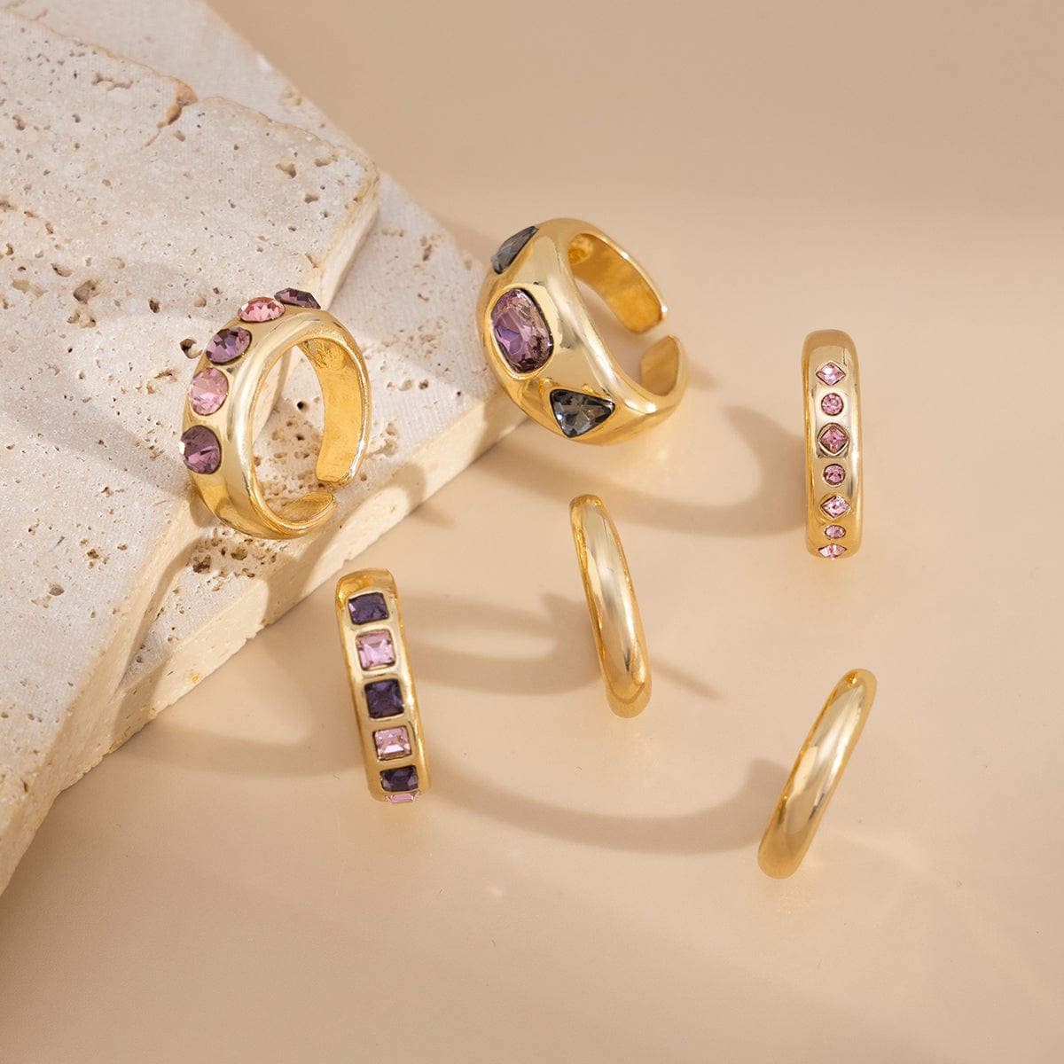 Baroque 6pcs Pink Rhinestone Inlaid Open Ring Set - ArtGalleryZen