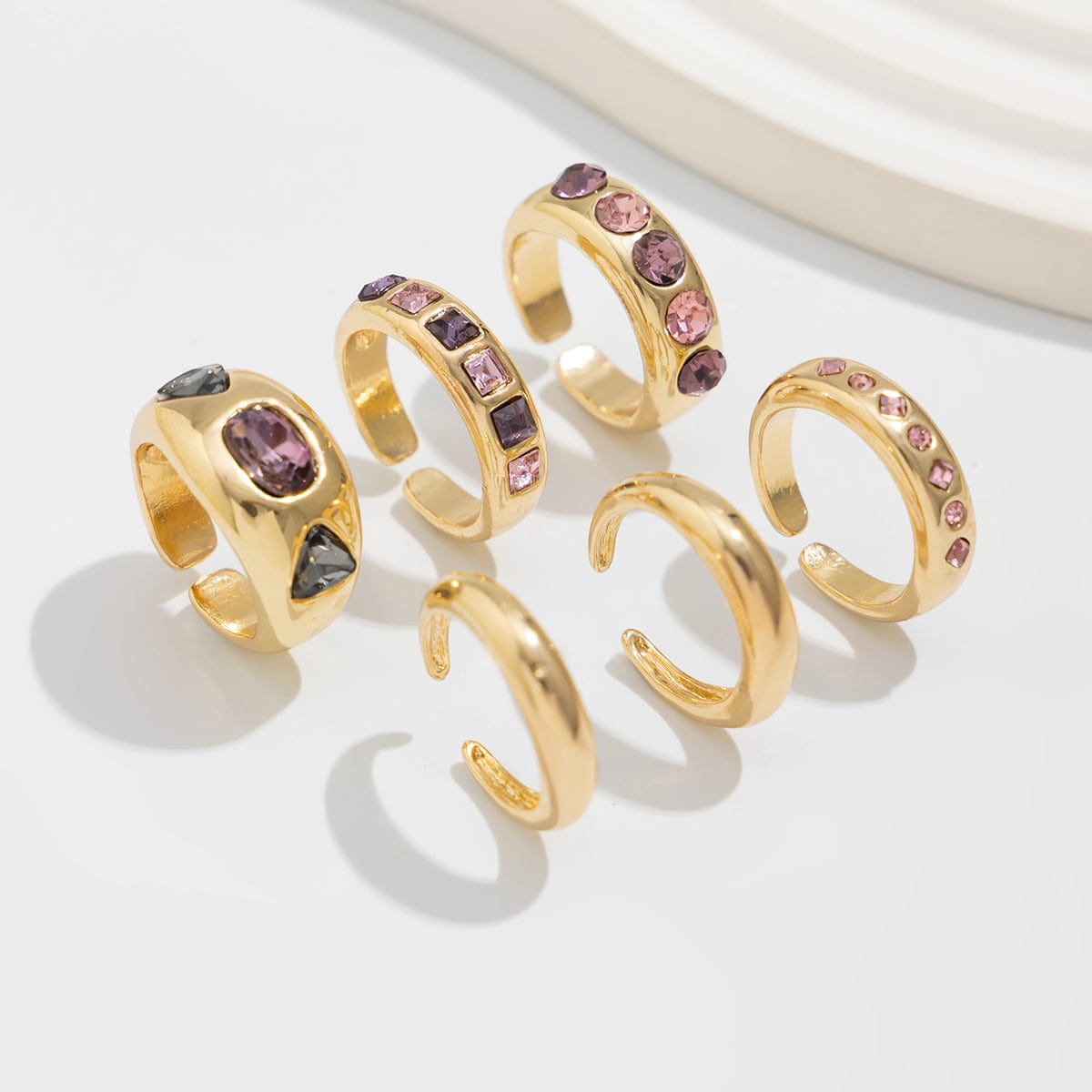 Baroque 6pcs Pink Rhinestone Inlaid Open Ring Set - ArtGalleryZen