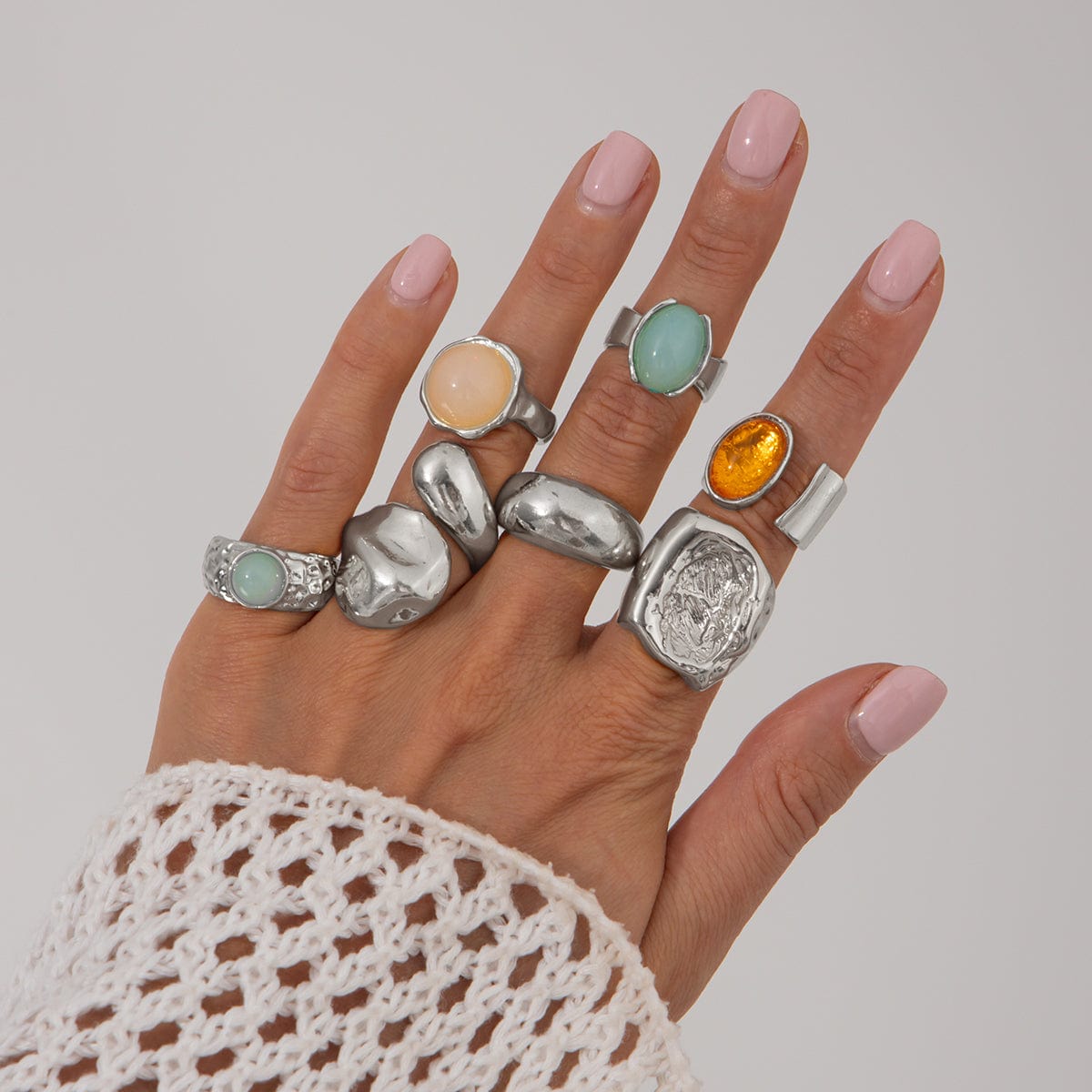 Baroque 7pcs Crystal Inlaid Chunky Textured Waterdrop Ring Set - ArtGalleryZen