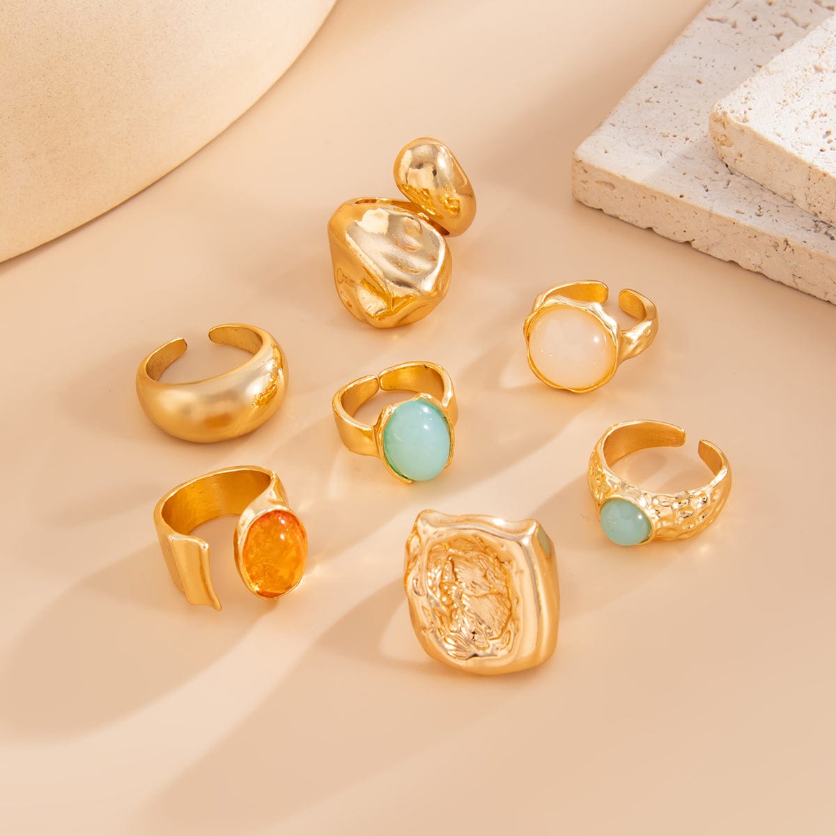 Baroque 7pcs Crystal Inlaid Chunky Textured Waterdrop Ring Set - ArtGalleryZen