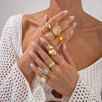 Thumbnail for Baroque 7pcs Crystal Inlaid Chunky Textured Waterdrop Ring Set - ArtGalleryZen