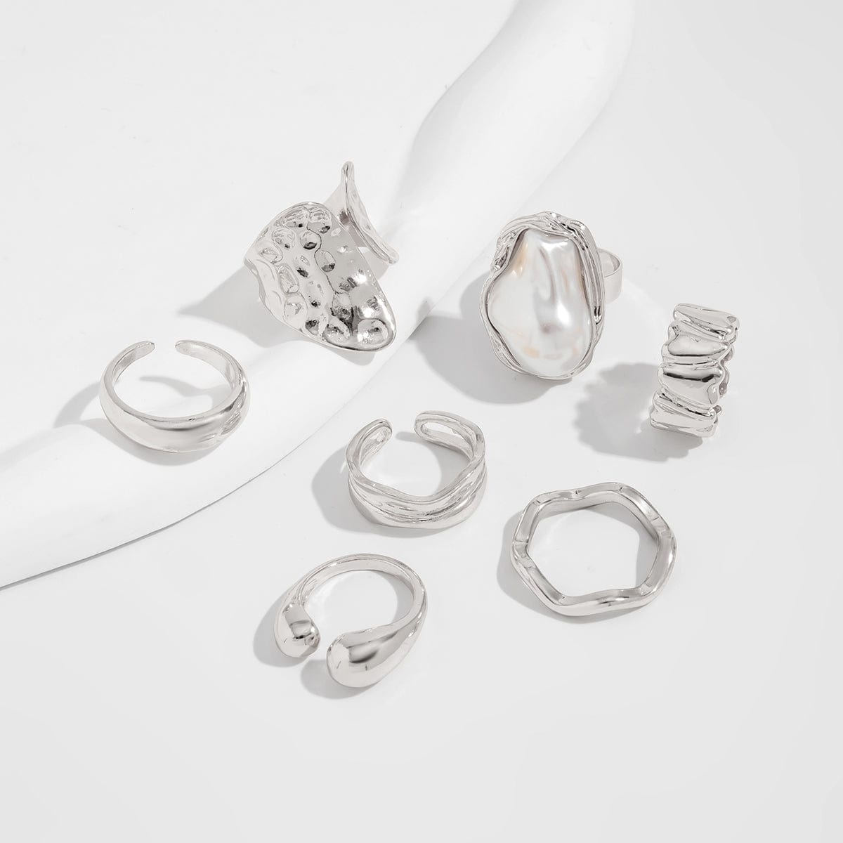 Baroque 7pcs Gold Silver Tone Pearl Inlaid Curved Ring Set - ArtGalleryZen