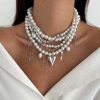 Thumbnail for Baroque Chunky Layered Heart Cross Tassel Pearl Chain Necklace - ArtGalleryZen