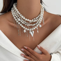 Thumbnail for Baroque Chunky Layered Heart Cross Tassel Pearl Chain Necklace - ArtGalleryZen