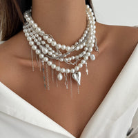 Thumbnail for Baroque Chunky Layered Heart Cross Tassel Pearl Chain Necklace - ArtGalleryZen