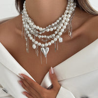 Thumbnail for Baroque Chunky Layered Heart Cross Tassel Pearl Chain Necklace - ArtGalleryZen