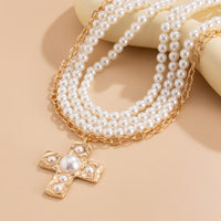 Thumbnail for Baroque Chunky Layered Textured Cross Pendant Pearl Chain Necklace - ArtGalleryZen