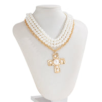 Thumbnail for Baroque Chunky Layered Textured Cross Pendant Pearl Chain Necklace - ArtGalleryZen