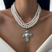 Thumbnail for Baroque Chunky Layered Textured Cross Pendant Pearl Chain Necklace - ArtGalleryZen