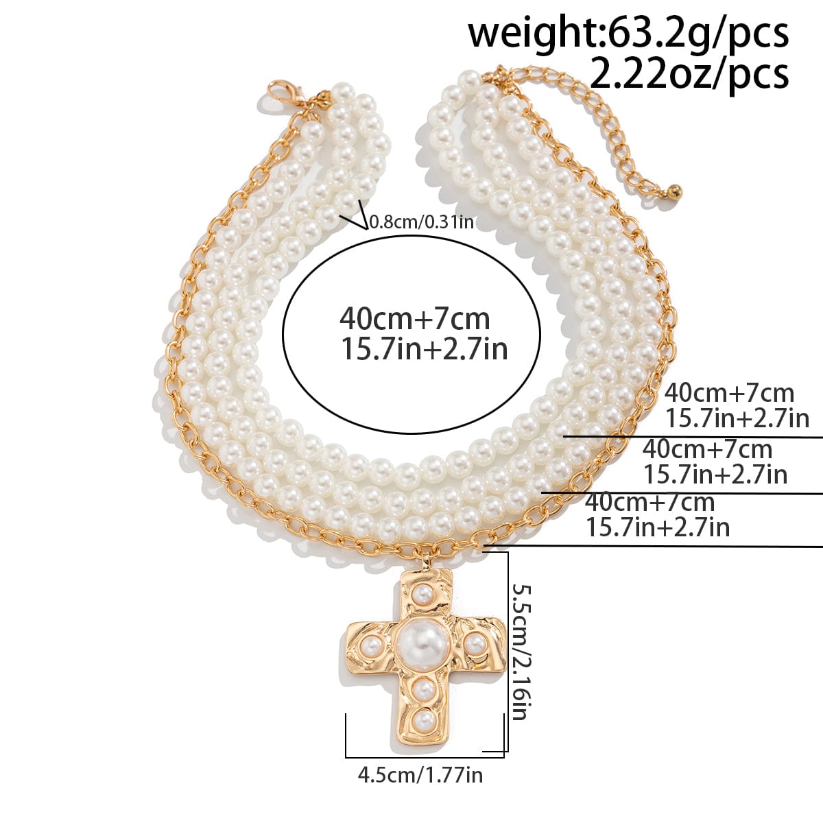 Baroque Chunky Layered Textured Cross Pendant Pearl Chain Necklace - ArtGalleryZen