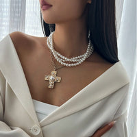 Thumbnail for Baroque Chunky Layered Textured Cross Pendant Pearl Chain Necklace - ArtGalleryZen