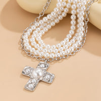 Thumbnail for Baroque Chunky Layered Textured Cross Pendant Pearl Chain Necklace - ArtGalleryZen
