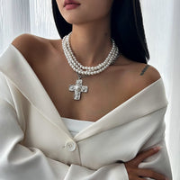 Thumbnail for Baroque Chunky Layered Textured Cross Pendant Pearl Chain Necklace - ArtGalleryZen