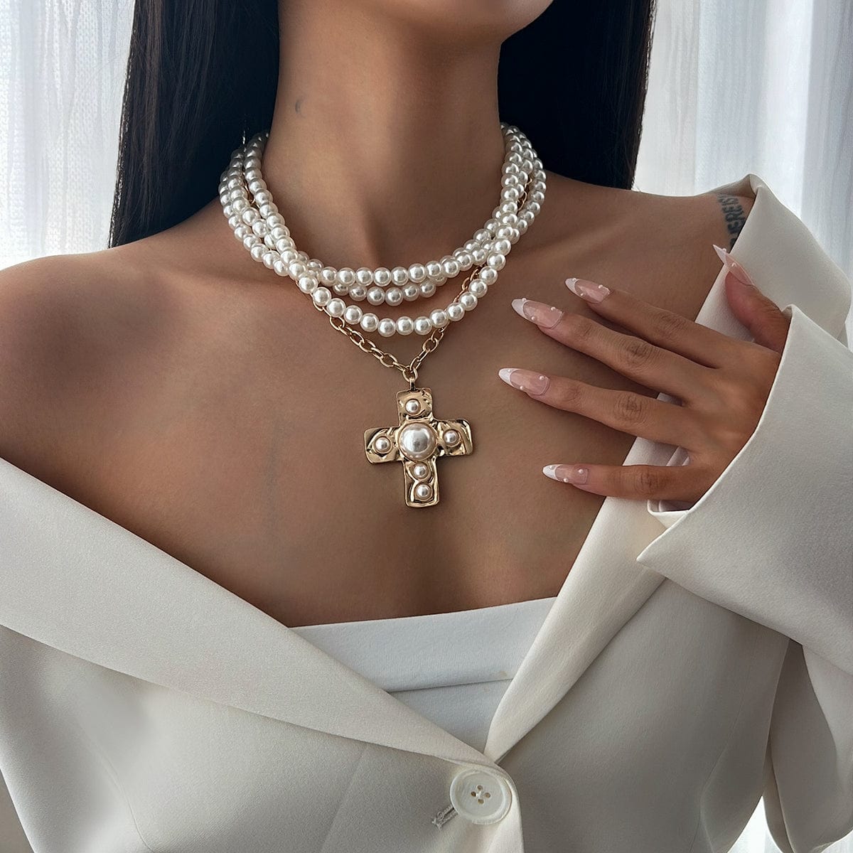 Baroque Chunky Layered Textured Cross Pendant Pearl Chain Necklace - ArtGalleryZen