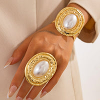 Thumbnail for Baroque Chunky Pearl Inlaid Textured Oval Open Ring Bangle Bracelet Set - ArtGalleryZen