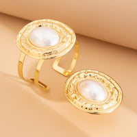 Thumbnail for Baroque Chunky Pearl Inlaid Textured Oval Open Ring Bangle Bracelet Set - ArtGalleryZen