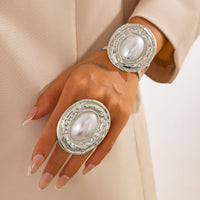 Thumbnail for Baroque Chunky Pearl Inlaid Textured Oval Open Ring Bangle Bracelet Set - ArtGalleryZen